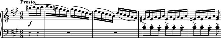 
\relative c''' {
  \new PianoStaff <<
   \new Staff {
    \key fis \minor \time 6/8 \set Score.tempoHideNote = ##t \tempo "Presto." 4=145 \partial 4
    bis16( cis bis cis d cis b! a gis fis) a( gis fis e d cis)
    fis( e d cis b a) d( cis b a gis fis)
    eis gis eis gis fis a eis gis eis gis fis a
    eis gis eis gis fis a <gis eis>8
   }
   \new Dynamics {
    s4\f 
   }
   \new Staff {
    \key fis \minor \time 6/8 \clef bass
    r8 r R2. R <d b>8-. -> q-. <cis a>-. <d b>-. -> q-. <cis a>-.
    <d b>-. -> q-. <cis a>-. <d b>->
   }
  >>
 }
