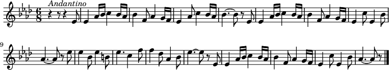 {
\set Staff.midiInstrument = #"acoustic grand" \key aes \major \time 6/8 \relative a' {
 \(^\markup { \italic { Andantino } } r4 r8 r4 ees8 ees4 aes16 bes c4 bes16 aes bes4 f8 aes4 g16 f ees4 aes8 c4 bes16 aes bes4.~ bes8 r
 ees,8 ees4 aes16 bes c4 bes16 aes bes4 f8 aes4 g16 f ees4 c'8 ees,4 bes'8 aes4.~ aes8 r
 ees'8 ees4 bes8 ees4 b8 ees4. c4 f8 f4 des8 aes4 bes8 ees4.~ ees8 r
 ees,8 ees4 aes16 bes c4 bes16 aes bes4 f8 aes4 g16 f ees4 c'8 ees,4 bes'8 aes4.~ aes8 r \bar "|."
 }
}
\midi {
\tempo 8=100
}