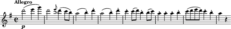 
\version "2.18.2"
\relative c'' {
  \key g \major
  \time 2/2
  \tempo "Allegro "
  \tempo 4 = 220
  d'2 \p (e4 g)
  d2 \grace e8 (d4) (c8 b) 
  a2 (b4-.) d-.
  a2 (b4-.) d-.
  c-. c8 (d) b4-. b8 (c)
  a4-. a-. a-. b-. 
  c8 (d e d) c4-. b-.
  a r
}
