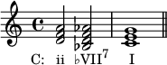 
{
\relative c' {
  \clef treble
  \time 4/4
  <d f a>2_\markup { \concat { \translate #'(-4 . 0) { "C:   ii" \hspace #1.5 "♭VII" \raise #1 \small "7" \hspace #3.3 "I" } } }
  <bes d f aes>
  <c e g>1 \bar "||"
} }
