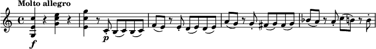 
\relative c'' {
 \key c \major
 \tempo "Molto allegro"
  <c e, g,>\f r <e c g> r <g c, e,> r8 c,,-.\p b (c) b (c) f (e) r e-. d (e) d (e) a (g) r g-. fis (g) fis (g) bes (a) r a-. c (b) r b-.
}
