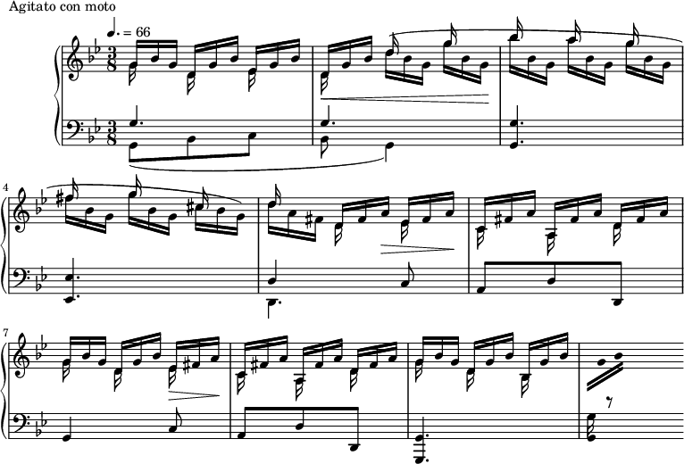 
\version "2.18.2"
\header {
  tagline = ##f
}
upper = \relative c'' {
  \clef treble 
  \key g \minor
  \time 3/8
  \tempo 4. = 66
  %\autoBeamOff
  \override TupletBracket.bracket-visibility = ##f

   %%Montgeroult — Étude 92 (pdf p. 114)
   
    << { \omit TupletNumber \tuplet 3/2 { g16[ bes g]  d[ g bes] ees,[ g bes] | d,[ g bes] } d s16  g16 s16 } \\ { g,16 s16 d16 s16 ees16 s16 d16\< s16 \omit TupletNumber \tuplet 3/2 { d'16[^( bes g] g' bes, g\! } } >>
    << { bes'16 s16 a16 s16 g16 s16 | fis16 s16 g16 s16 cis,16 s16 } \\ { \tuplet 3/2 { bes'16[ bes, g] a'[ bes, g] g'[ bes, g] fis'16[ bes, g] g'16[ bes, g] cis16[ bes g]) } } >>

    << { d'16 s16 \tuplet 3/2 { d,16[ fis a]\> ees[ fis a]\! | c,[ fis a] a,[ fis' a] d, fis a } } \\ { \tuplet 3/2 { d16[ a fis] } d16 s16  ees16 s16 c16 s16  a16 s16 d16 s16 } >>

    \relative c''
    << { \tuplet 3/2 { g16 bes g  d[ g bes] ees,\> fis a\! c,[ fis a] a, fis' a d,[ fis a] } } \\ { g16 s16 d16 s16 ees16 s16 c16 s16 a16 s16 d16 s16 } >>
    << { \tuplet 3/2 { g16 bes g  d[ g bes] bes, g' bes } } \\ { g16 s16 d16 s16 bes16 s16  \tuplet 3/2 { \change Staff = "lower" g16 \change Staff = "upper" \stemUp g'16 bes } } >>

}

lower = \relative c {
  \clef bass
  \key g \minor
  \time 3/8

    << { g'4. g4. } \\ { g,8( bes c bes g4) } >>
    < g' g, >4. < ees ees, >
    << { d4 c8( a d d, } \\ { d4. } >>
    g4 c8( a d d, < g g, >4.~ << { \stemDown g'16 r8 } \\ { \stemDown g,4 } >>
 
}

  \header {
    piece = "Agitato con moto"
  }

\score {
  \new PianoStaff <<
    \new Staff = "upper" \upper
    \new Staff = "lower" \lower
  >>
  \layout {
    \override TupletBracket.bracket-visibility = ##f
    \context {
      \Score
      %\remove "Metronome_mark_engraver"
    }
  }
  \midi { }
}
