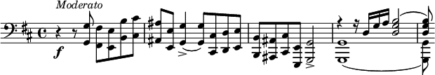 {
  \clef bass \key d \major \time 4/4 \tempo 4 = 60
  \set Score.tempoHideNote = ##t
  r4\f ^\markup{\italic{Moderato}} r8 <g, g> <fis, fis> <e, e> <b, b> <cis cis'>
  <ais, ais>8 <e, e> <g, g>4->( <g, g>8) <cis, cis> <d, d> <e, e>
  <b,, b,>8 <ais,, ais,> <cis, cis> <e,, e,> <g,, g,>2->
  << { \voiceOne
    r4 r16 d g a <d g b>2(
    <d g b>8)
  }
  \new Voice { \voiceTwo
    <g,, g,>1(
    <g,, g,>8)
  } >> \oneVoice
}