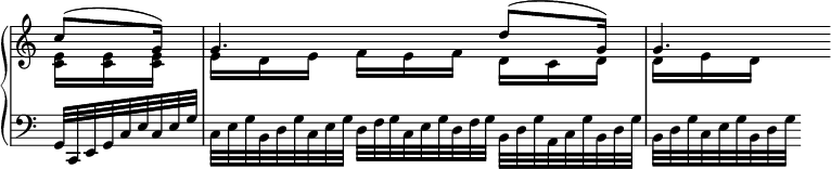 
 \relative c' {
  \new PianoStaff <<
   \new Staff \with { \remove "Time_signature_engraver" } { \key c \major \time 9/16 \partial 8.
    <<
     { c'8( g16) g4. d'8( g,16) g4. }
    \\
     { <e c>16 <e c> <e c> e d e f e f d c d d e d }
    >>
   }
    \new Staff \with { \remove "Time_signature_engraver" } { \key c \major \time 9/16 \clef bass
     g,,32*2/3[ c, e g c e c e g] c,[ e g b, d g c, e g] d[ f g c, e g d f g] b,[ d g a, c g' b, d g] b,[ d g c, e g b, d g]
    }
  >>
 }
