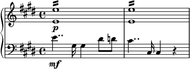 
\relative c' {
  \new PianoStaff <<
    \new Staff {
      \set Staff.midiInstrument = #"piano" \key e \major \clef treble \time 4/4 \set Score.tempoHideNote = ##t \tempo 4 = 40
      <e e'>1:16 \p |
      <e e'>1:16 |
    }
    \new Staff {
      \clef bass \key e \major
      e4.. \mf gis,16 gis4 dis'8 d8 |
      cis4.. cis,16 cis4 r4 |
    }
  >>
}
