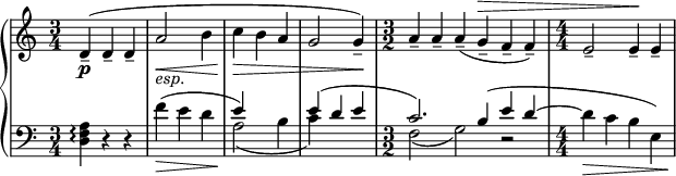 
{  \new PianoStaff <<
    \new Staff = "RH" \relative c' { \clef treble \key a \minor  \time 3/4
      \numericTimeSignature
     d4\p--( d-- d--  | a'2-\markup { \italic {esp.}}\< b4 | c\> b a | g2 g4\!--) | 
     \time 3/2 a-- a-- a--( g--^\> f-- f--) | \time 4/4 e2-- e4\!-- e--  |}
    \new Staff = "LH" \relative c' { \clef bass \key a \minor  \time 3/4
      \numericTimeSignature
        <a f d >4\arpeggio r4 r4 | f'4(\> e d  |\!
        << 
         { \voiceOne | 
            e4) \hideNotes  r r \unHideNotes |
            e( d e | \time 3/2 c2.) b4( e d~ |  }
          \new Voice { 
             a2_( b4 |
             c) \hideNotes r r \unHideNotes |  \time 3/2 
             f,2_( g2) r | } 
            >> \oneVoice
         \time 4/4 d'4\> c b e,) |\! 
     }
   >> }
