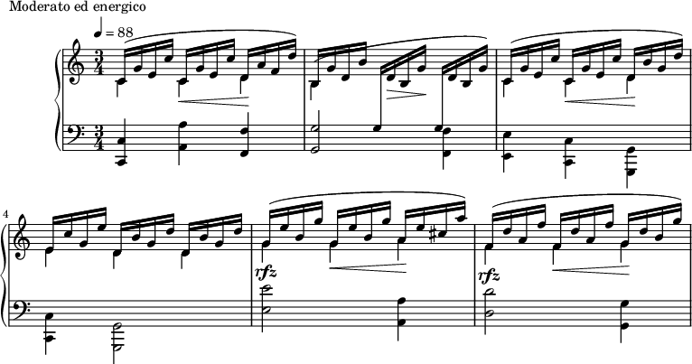 
\version "2.18.2"
\header {
  tagline = ##f
}
upper = \relative c' {
  \clef treble 
  \key c \major
  \time 3/4
  \tempo 4 = 88
  %\autoBeamOff

   %%Montgeroult — Étude 20 (pdf p. 55)
   
   << { \repeat unfold 2 { c16^( g' e c' } d, a' f d') b,16 g' d b' } \\ { c,4 c\< d\! | b^( \stemUp \change Staff = "lower" g16 \change Staff = "upper" d'16\> b g'\! \change Staff = "lower" g,16 \change Staff = "upper" d'16 b g') |  } >>
   << { \repeat unfold 2 { c,16^( g' e c' } d,16 b' g d') | e, c' g e' \repeat unfold 2 { d,16 b' g d' } } \\ { c,4 c\< d\! | e d d } >> 
   << { \repeat unfold 2 { g16( e' b g' } a,16 e' cis a') } \\ { g,4 g\< a\! } >>
   << { \repeat unfold 2 { f16^( d' a f' } g,16 d' b g') } \\{ f,4 f\< g\! } >>

}

lower = \relative c {
  \clef bass
  \key c \major
  \time 3/4

   < c c, >4 < a' a, > < f f, > | < g g, >2 \stemDown < f f, >4 | < e e, > < c c, > < g g, > | < c c, > < g g, >2 |
   < e'' e, >2^\rfz < a, a, >4 < d d, >2^\rfz <g, g, >4
}

  \header {
    piece = "Moderato ed energico"
  }

\score {
  \new PianoStaff <<
    \new Staff = "upper" \upper
    \new Staff = "lower" \lower
  >>
  \layout {
    \context {
      \Score
      
    }
  }
  \midi { }
}
