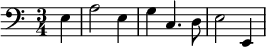 
 \relative c { 
    \clef bass 
    \key a \minor \time 3/4 \autoBeamOff
    \partial 4 e4 
     a2 e4
     g4 c,4. d8
     e2 e,4
   }
   