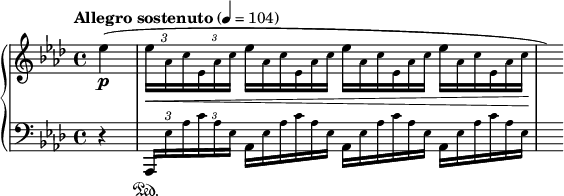 
\new PianoStaff <<
\new Staff = "Up" <<
\new Voice \relative c' {
\clef treble
\tempo "Allegro sostenuto" 4=104
\key aes \major
\time 4/4
\partial 4
\override TupletBracket.bracket-visibility = #'if-no-beam
\override TupletNumber.Y-offset = #3
\tupletSpan 8
\stemDown
ees'4 \p (\tuplet 3/2 {ees16 \< \tiny aes, c ees, aes c}
\omit TupletNumber
\tuplet 3/2 {\normalsize ees16 \tiny aes, c ees, aes c \normalsize ees16 \tiny aes, c ees, aes c \normalsize ees16 \tiny aes, c ees, aes c \!} \hide r16)
}
>>
\new Staff = "Down" <<
\new Voice \relative c{
\clef bass
\key aes \major
\override TupletBracket.bracket-visibility = #'if-no-beam
\override TupletNumber.Y-offset = #3
\tupletSpan 8
r4 \tuplet 3/2 {\stemUp aes,16 \sustainOn \stemDown \tiny ees'' aes c aes ees}
\omit TupletNumber
\tuplet 3/2 {\normalsize aes, \tiny ees' aes c aes ees \normalsize aes, \tiny ees' aes c aes ees \normalsize aes, \tiny ees' aes c aes ees} s16
}
>>
>>
