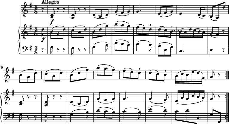 
\version "2.18.2"
\header {
  tagline = ##f
}
upper = \relative c'' {
  \key g \major
  \time 3/8
  \tempo 4 = 100
  \partial 8 d8\f  b (g d')  c (a d) b (d g) b (a g) fis (e) d-! d (c) b-! ~  b16 (a d c b a)
  g8 (fis) r <b, d> r r <a d> r r d (b d) g (fis g) g4. g4 (fis8)
  e16 (a g c b a) g8 r \bar ":|."
}
lower =      \relative c {
  \clef bass 
  \key g \major
  \time 3/8
  
  \partial 8  r8 g' r r fis r r g4 (b8) d (c b) c4 (b8) a (d, g) c,4.
  d4 r8 g r r fis r r g4 (b8) d (c b) c4 (b8) e4 (d8) 
  c d d, g [g,]  \bar ":|."
}
vl = \relative c'' {
  \key g \major
  \time 3/8
  \partial 8 r8 ^ \markup {\bold {"Allegro"} } <b, d>\f  r r
  <a d> r r d (b d) g (fis g) g4. e8 (fis g) e4 d16 (c)
  b8 (a) d' b (g d') c (a d) b (d g) b (a g) fis (e) d-! d (c) b-!
  a16 (c b e d fis,) g8 r \bar ":|."
}
\score {
  \new GrandStaff <<
    \new PianoStaff <<  
      \new Staff = "upper" \upper
      \new Staff = "lower" \lower
    >>
    \new Staff = "vl" \vl
  >>
  
  \layout {
    \context {
      \Score
      \remove "Metronome_mark_engraver"
    }
  }
  \midi { }
}
