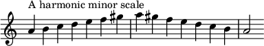  {
\omit Score.TimeSignature \relative c'' {
  \time 7/4 a^"A harmonic minor scale" b c d e f gis a gis f e d c b a2
} }
