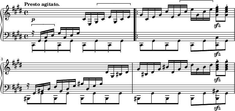 
\new PianoStaff <<
  \new Staff = "right" \with {
    midiInstrument = "acoustic grand"
  } \relative c'' {
    \key cis \minor
    \time 4/4
    \tempo "Presto agitato."
    %1
      s2\p cis,16 e, \[ gis cis e gis, cis e \] \bar ".|:"
      gis cis, e gis cis e, \[ gis cis e gis, cis e \] <gis, cis e gis>8\sfz-. <gis cis e gis>-.
    %2
      s2. dis16 gis, bis dis
    %3    
      gis bis, dis gis bis dis, gis bis dis gis, bis dis <gis, bis dis gis>8-.\sfz <gis bis dis gis>-.
  }
  \new Staff = "left" \with {
    midiInstrument = "acoustic grand"
  } {
    \clef bass \relative c' {
      \key cis \minor
      \time 4/4
      \tempo "Presto agitato." 
      % impossible d'afficher le premier ! 
      %1
        << { \[ r16 gis,16 cis e \] gis16 cis, e gis s2 } \\ { cis,,8-. gis'-.  cis,-. gis'-. cis,-. gis'-. cis,-. gis'-.}>> \stemDown \bar ".|:"
      %2
        cis, gis' cis, gis' cis, gis' <cis, cis'>\sfz gis'
      %3
        <<{r16 gis bis dis fis bis, dis gis bis dis, gis bis s4}\\{bis,,8 gis' bis, gis' bis, gis' bis, gis'}>>
        bis, gis' bis, gis' bis, gis' <bis, bis'>\sfz gis'
    }
  }
>>
\midi {
  \context {
    \Score
    tempoWholesPerMinute = #(ly:make-moment 160 4)
  }
}
