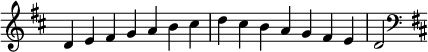   {
\override Score.TimeSignature #'stencil = ##f
\relative c' {
  \clef treble \key d \major \time 7/4 d4 e fis g a b cis d cis b a g fis e d2
  \clef bass \key d \major
} }
