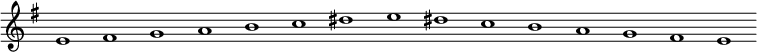 
\new Staff {
  \relative c' {
    \key e \minor
    \override Staff.TimeSignature #'stencil = ##f
    \override Staff.BarLine #'stencil = ##f
     e1 fis g a b c dis e dis c b a g fis e
  }
}
\midi {
  \context {
    \Score
    tempoWholesPerMinute = #(ly:make-moment 120 1)
  }
}
