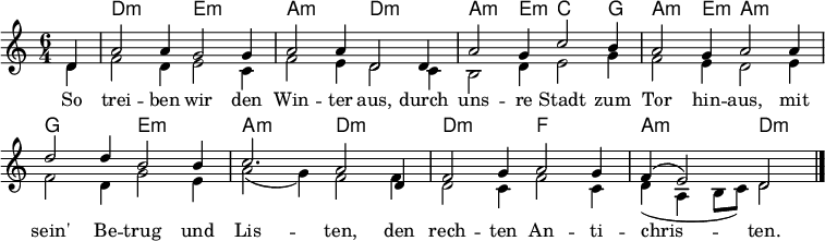 
\header {tagline = ##f }
\layout { indent = 0 \set Score.tempoHideNote = ##t \context { \Score \remove "Bar_number_engraver" } }

global = { \key d \dorian \time 6/4 \partial 4 }

kords = \chordmode { \set Staff.midiInstrument = "acoustic guitar (nylon)"
  \global % \set chordChanges = ##t
  s4 | d,2.:m\ppp e,:m | a,:m d,:m
  a,2:m e,4:m c,2 g,4 |
  a,2:m e,4:m a,2.:m |
  g, e,:m | a,:m d,:m |
  d,:m f, | a,:m d,2:m \bar "|."
}
% Alternative chords:
kordsxx = \chordmode { \set Staff.midiInstrument = "acoustic guitar (nylon)"
  \global \set chordChanges = ##t
  s4 | d,2.:m\pp g, | d,:m d,:m
  d,:m c, | f, d,:m |
  g, e,:m | a,:m d,:m |
  f, d,:m | a,:m d,2:m \bar "|."
}

sopranoVoice = \relative c' { \global
  d4 | a'2 a4 g2 g4 | a2 a4 d,2
  d4 | a'2 g4 c2 b4 | a2 g4 a2
  a4 | d2 d4 b2 b4 | c2. a2
  d,4 f2 g4 a2 g4 | f4 (e2) d2 \bar "|."
}

altoVoice = \relative c' { \global
  d4 | f2 d4 e2 c4 | f2 e4 d2
  c4 |b2 d4 e2 g4 | f2 e4 d2
  e4 | f2 d4 g2 e4 | a2 (g4)f2
  f4 | d2 c4 f2 c4 | d4 (a \tempo 2. = 48 b8 c) \tempo 2. = 33 d2 \bar "|."
}

verse = \lyricmode {
  So trei -- ben wir den Win -- ter aus,
  durch uns -- re Stadt zum Tor hin -- aus,
  mit sein' Be -- trug und Lis -- ten,
  den rech -- ten An -- ti -- chris -- ten.
  
}

\score {
  <<
    \new ChordNames \kords
    \new Staff \with { midiInstrument = "clarinet" }
    <<
      \new Voice = "soprano" { \voiceOne \sopranoVoice }
      \new Voice { \voiceTwo \altoVoice }
    >>
    \new Lyrics \lyricsto "soprano" \verse
  >>
  \layout { }
  \midi {
    \tempo 2.=69
  }
}
