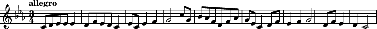 
{
% 0
    \tempo "allegro"
\numericTimeSignature \time 3/4 \key c \minor
 c'8 d'8 ees'8 ees'8 ees'4 d'8 f'8 ees'8 d'8 c'4 ees'8 c'8 ees'4 f'4 g'2


% 2

c''8 g'8 bes'8 aes'8 f'8 d'8 f'8 aes'8 g'8 ees'8 c'4 d'8 f'8 ees'4 f'4 g'2 d'8 f'8 ees'4 d'4 c'2
\bar "|"
}
