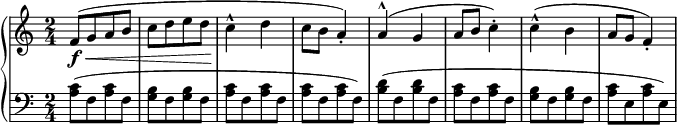 
 { \new PianoStaff <<
    \new Staff = "RH" \relative c' { \clef treble \key c \major \time 2/4 
   [ f8-\f\<( g a b ] | [ c d e d ] | c4^^\! d4 | c8 b8 a4-.) | 
    a4^^( g4 | a8 b8 c4-.) | c4^^( b4 | a8 g8 f4-.) | }
    \new Staff = "LH" \relative c' { \key c \major \time 2/4 \clef bass 
      <c a>8[( f, <c' a> f,] | <b g>[ f <b g> f] | <c' a>[ f, <c' a> f,] | <c' a>[ f, <c' a> f,]) | 
      <d' b>[( f, <d' b> f,] | <c' a>[ f, <c' a> f,] | <b g>[ f <b g> f] | <c' a>[ e, <c' a> e,]) |} 
   >> }
