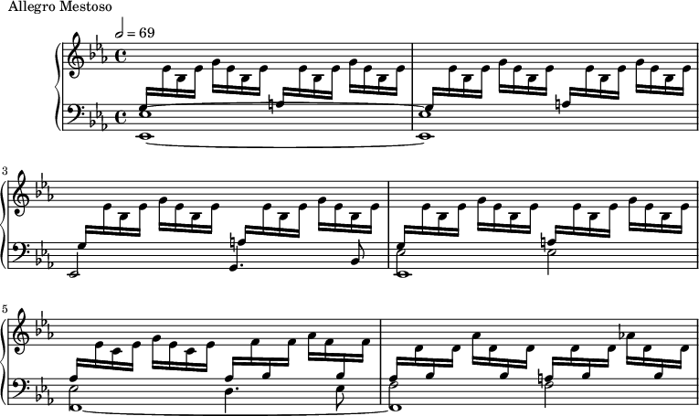 
\version "2.18.2"
\header {
  tagline = ##f
}
upper = \relative c'' {
  \clef treble 
  \key ees \major
  \time 4/4
  \tempo 2 = 69
  %\autoBeamOff

   %%Montgeroult — Étude 62 (pdf p. 198)
   % manque la dynamique impossible à mettre dans la boucle de répétition
  \repeat unfold 4 { \stemUp \change Staff = "lower" g,16 \stemDown \change Staff = "upper" ees' bes ees  g ees bes ees \stemUp \change Staff = "lower" a,16 \stemDown \change Staff = "upper" ees' bes ees  g ees bes ees } 

    \stemUp \change Staff = "lower" aes,16 \stemDown \change Staff = "upper" ees' c ees g ees c ees  \stemUp \change Staff = "lower" aes, \stemDown \change Staff = "upper" f' \stemUp \change Staff = "lower" bes, \stemDown \change Staff = "upper" f' aes f \stemUp \change Staff = "lower"  bes, \stemDown \change Staff = "upper" f'
   \stemUp \change Staff = "lower" aes,16 \stemDown \change Staff = "upper" d \stemUp \change Staff = "lower"  bes \stemDown \change Staff = "upper" d aes' d, \stemUp \change Staff = "lower" bes \stemDown \change Staff = "upper" d
   \stemUp \change Staff = "lower" a!16 \stemDown \change Staff = "upper" d \stemUp \change Staff = "lower"  bes \stemDown \change Staff = "upper" d aes'! d, \stemUp \change Staff = "lower" bes \stemDown \change Staff = "upper" d 
   \change Staff = "lower"
}

lower = \relative c {
  \clef bass
  \key ees \major
  \time 4/4

   < ees ees,>1~ q ees,2 g4. bes8
    
   << { \stemDown ees2 ees ees d4. ees8 f2 f \stemNeutral } \\ { ees,1 f~ f } >>

}

  \header {
    piece = "Allegro Mestoso"
  }

\score {
  \new PianoStaff <<
    \new Staff = "upper" \upper
    \new Staff = "lower" \lower
  >>
  \layout {
    \context {
      \Score
      
    }
  }
  \midi { }
}
