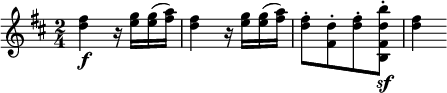 \relative c'' {
\time 2/4
\once \omit Score.MetronomeMark
\tempo 4 = 92
\key d \major
<d fis>4\f r16 <e g> <e g>( <fis a>) | <d fis>4 r16 <e g> <e g>( <fis a>) |
<d fis>8-.[ <d fis,>-. <d fis>-. <b' d, fis,b,>-.]\sf | <d, fis>4
}