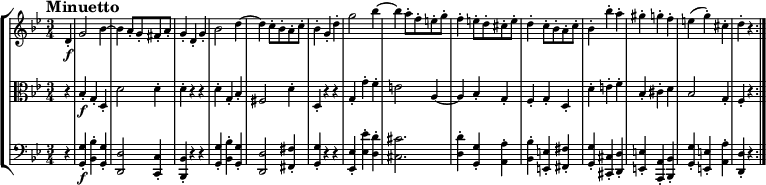 
{
\new StaffGroup << 
\new Staff \with { \magnifyStaff #5/7 } <<
\new Voice \relative c' {\set Staff.midiInstrument = violin \tempo "Minuetto" \tempo 4 = 165 \clef treble \key g \minor \time 3/4 \partial 4
d4-.\f
g2 bes4~
bes4 a8-. g-.
fis-. a-.
g4-. d-. g-.
bes2 d4~
d4 c8-. bes-. a-. c-.
bes4-. g-. d'-.
g2 bes4~
bes4 a8-. f-. e-. g-.
f4-. e8-. d-. cis-. e-.
d4-. c8-. bes-. a-. c-.
bes4-. bes'-. a-.
gis-. g-. f-.
e (g)-. cis,-.
d-. r \bar ":|."
}  
  >>
\new Staff \with { \magnifyStaff #5/7 } <<
    \new Voice \relative c' {\set Staff.midiInstrument = viola \clef alto \key g \minor \time 3/4
r4
bes-.\f g-. d-.
d'2 d4-.
d-. r r
d-. g,-. bes-.
fis2 d'4-.
d,-. r r
g-. g'-. f-.
e2 a,4~
a4 bes-. g-.
f-. g-. d-.
d'-. e-. f-.
bes,-. cis-. d
bes2 g4-.
f-. r
}
  >>
\new Staff \with { \magnifyStaff #5/7 } <<
\new Voice \relative c' {\set Staff.midiInstrument = cello \clef bass \key g \minor \time 3/4 
r4
<g, g'>4-.\f <bes bes'>-. <g g'>-.
<d d'>2 <c c'>4-.
<bes bes'>-. r r
<g' g'>4-. <bes bes'>-. <g g'>-.
<d d'>2 <fis fis'>4-.
<g g'>-. r r 
<ees ees'>4-. <ees' ees'>-. <d d'>-.
<cis cis'>2.
<d d'>4-. <g, g'>-. <a a'>-.
<bes bes'>-. <e, e'>-. <fis fis'>-.
<g g'>-. <cis, cis'>-. <d d'>-.
<e e'>-. <a, a'>-. <bes bes'>-.
<g' g'>-. <e e'>-. <a a'>-.
<d, d'>-. r
}
>> >> }
