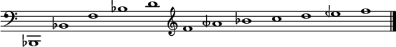 
{
  \override Staff.TimeSignature #'stencil = ##f 
  \cadenzaOn
  \relative c, { 
    \clef bass bes1 bes' f' bes d 
    \clef treble f aeseh bes c d eeh f }
  \cadenzaOff
  \bar "|."
}
