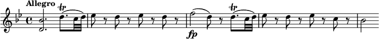 
\relative c'' {
  \override Score.NonMusicalPaperColumn #'line-break-permission = ##f
  \key bes \major
  \tempo "Allegro"
  <bes d,>2. d8.\trill( c32 d) |
  es8 r d r es r d r |
  f2\fp( d8) r d8.\trill( c32 d) |
  es8 r d r es r c r |
  bes2
}
