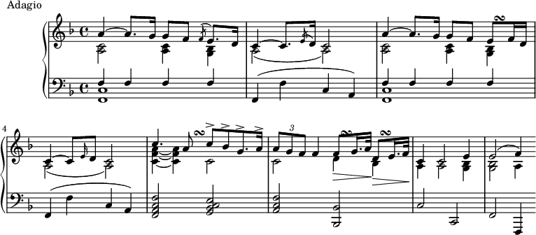 
\version "2.18.2"
\header {
  tagline = ##f
}
upper = \relative c'' {
  \clef treble 
  \key f \major
  \time 4/4
  \tempo 4 = 54
  %\autoBeamOff
  % \CouleDeTierce ??

   %%Montgeroult — Étude 113 (pdf p. 215) % Il faut repositionner en bas le \turn
   << { a4~ a8. g16 g8 f \acciaccatura f8 e8. d16   c4~ c8. \acciaccatura e8 d16 c2   a'4~ a8. g16 g8 f e8 f16 d c4~ c8 \grace e16 d8 c2 } { s1 s1 s2 s4 s16 s128 s\turn } \\ { \repeat unfold 2 { < c a >2 q4 < bes g >4 a2( a) } } >>
   << { c'4. a8 c8->[ bes-> g8.-> a16->] \tuplet 3/2 { a8 g f } f4 f8_\> g16. a32\! d,8_\> e16. f32\! }  { s4 s8 s16 s128 s\turn s1 s8 s128 s\turn s4 s128 s\turn } \\ {  < a f c >4~ q c,2 c d4 bes } >>
   << { c4 c2 e4 e2( f4) } \\ { a,4 a2 < bes g >4 q2 a4 } >>   
   

}

lower = \relative c {
  \clef bass
  \key f \major
  \time 4/4

   \repeat unfold 2 { << { f4 f f f } \\ { < c f, >1 } >> f,4( f' c a) }
   < f' c a f >2 < e c bes g > < f c a > < bes, bes, >
   c2 c, f f,4
   
}

  \header {
    piece = "Adagio"
  }

\score {
  \new PianoStaff <<
    \new Staff = "upper" \upper
    \new Staff = "lower" \lower
  >>
  \layout {
    \context {
      \Score
      \remove "Metronome_mark_engraver"
    }
  }
  \midi { }
}
