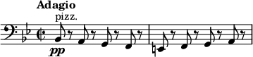 
\relative c {
\new Staff {
\set Staff.midiInstrument = #"pizzicato strings" \key bes \major \clef bass \time 2/2 \set Score.tempoHideNote = ##t \tempo "Adagio" 2 = 20
 bes8 \pp ^"pizz." r8 a8 r8 g8 r8 f8 r8 |
 e8 r8 f8 r8 g8 r8 a8 r8 |
}
}
