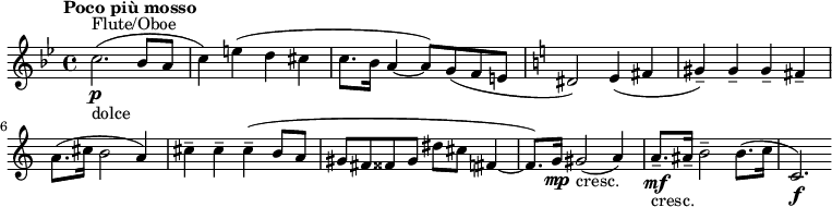 
  \relative c'' { \clef treble \time 4/4 \key bes \major \tempo "Poco più mosso" c2.(\p^"Flute/Oboe"_"dolce" bes8 a | c4) e( d cis | c8. bes16 a4~ a8) g( f e | \key c \major dis2) e4( fis | gis--) gis-- gis-- fis-- | a8.( cis16 b2 a4) | cis-- cis-- cis--( b8 a | gis fis fisis gis dis' cis fis,4~ | fis8.) g16\mp gis2(_"cresc." a4) | a8.--\mf_"cresc." ais16-- b2-- b8.( c16 | c,2.\f) }
