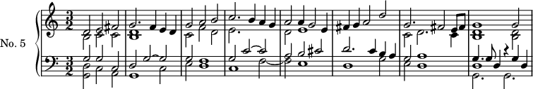 
\version "2.14.2"
\header {
  tagline = ##f
}
upper = \relative c' {
  \clef treble 
  \key a \minor
  \time 3/2
  \tempo 2 = 100
  \autoBeamOff
  \set Staff.midiInstrument = #"harpsichord"

    << { d2 e fis g2. f4 e d g2 a b c2. b4 a g a2 a4 g2 e4 fis4 g a2 d } \\ { b,2 c c < d b >1 s2 c2 f d e2. s2. d2 e1 } >>
    << { g2. fis2 e8 fis g1 g2 } \\ { c,2 d2. c4 < d b >1 < d b >2 } >>

}

lower = \relative c {
  \clef bass
  \key a \minor
  \time 3/2
  \set Staff.midiInstrument = #"harpsichord"

    << { g'2 g c, d g2~ g g f1 g2 c2~ c a b cis d2. c4 b a g2 a1 } \\ { < d, g, >2 c a g1 c2 e d1 c f2~ f e1 d g2 e d1 } >>
    << { g4. g8 d4 r4 g4 d } \\ { g,2. g2. } \\ { d'1 } >>

}

\score {
  \new PianoStaff <<
    \set PianoStaff.instrumentName = #"No. 5"
    \new Staff = "upper" \upper
    \new Staff = "lower" \lower
  >>
  \layout {
    \context {
      \Score
      \remove "Metronome_mark_engraver"
    }
  }
  \midi { }
}
