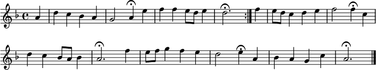 
\new Staff <<
\clef treble
\new Voice = "Soprano"
  { \key d \minor \tempo 4=90 \set Staff.midiInstrument = "oboe" {
      \set Score.tempoHideNote = ##t
      \override Score.BarNumber #'transparent = ##t
      \time 4/4
      \relative c''
      \repeat volta 2 { \partial 4 a4 | d4 c bes a | g2 a4\fermata e' | f f e8 d e4 | d2.\fermata }
      \relative c'' {
      f4 | e8 d c4 d e | f2 f4\fermata \break c | d c bes8 a bes4 | a2.\fermata f'4 | e8 f g4 f e | d2 e4\fermata a, | bes a g c | a2.\fermata \bar "|."
      }
    }
  }
>>
