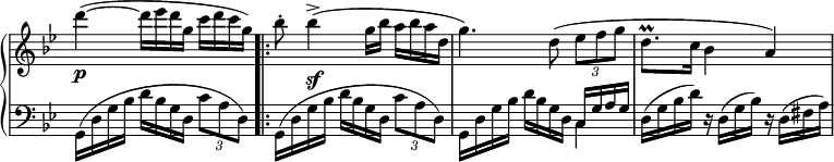 
\relative c''' {
 \new PianoStaff <<
  \new Staff \with { \remove "Time_signature_engraver" } {
   \key g \minor \time 3/4 \set Score.tempoHideNote = ##t \tempo "" 4=126
   d4-\p ( ~ d16 es d g, c d c g) \bar".|:" bes8-. bes4\sf -> ( g16 bes a bes a d,
   g4.) d8( \times 2/3 { es f g } d8.\prall c16 bes4 a)
  }
  \new Staff \with { \remove "Time_signature_engraver" } {
   \key g \minor \time 3/4 \clef bass
   g,,16( d' g bes d bes g d \times 2/3 { c'8 a d,) }
   g,16( d' g bes d bes g d \times 2/3 { c'8 a d,) }
   g,16 d' g bes d bes g d << { c g' a g } \\ { c,4 } >>
   d16( g bes d) r d,( g bes) r d,( fis a)
  }
 >>
}
