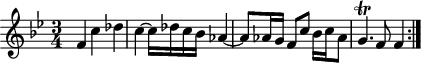 
\version "2.18.2"
\header {
  tagline = ##f
  % composer = "Johann Pachelbel"
  % opus = "Hexachordum Apollinis : Aria sexta"
  % meter = ""
}

\score {
<<
  \relative c' {
    \key g \minor
    \time 3/4
    \override TupletBracket #'bracket-visibility = ##f 

     f4 c' des | c~ c16 des c bes aes4~ | aes8 aes16 g f8 c' bes16 c aes8 | g4.\trill f8 f4 \bar ":|." 

  }
>>
  \layout {
     #(layout-set-staff-size 17)
     \context { \Score \remove "Metronome_mark_engraver" 
     \override SpacingSpanner.common-shortest-duration = #(ly:make-moment 1/2)
     }
  }
}
