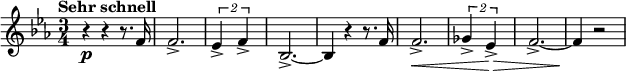 
{ \new PianoStaff <<
\new Staff \relative f' { \set Staff.midiInstrument = #"french horn" \key es \major \clef treble \time 3/4 \set Score.tempoHideNote = ##t \tempo "Sehr schnell" 4 = 195
  r4 \p r4 r8. f16 | % 2
  f2. -> | % 3
  \times 3/2  {
    es4 -> f4 ->
  }
  | % 4
  bes,2. ~ -> | % 5
  bes4 r4 r8. f'16 | % 6
  f2. \< -> | % 7
  \times 3/2  {
    ges4 -> es4 \! \> ->
  }
  | % 8
  f2. ~ -> | % 9
  f4 \! r2
  }
>> }
