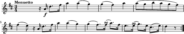 
\relative c'' {
  \version "2.18.2"
  \key d \major
  \tempo "Menuetto"
  \time 3/4
  \tempo 4=110
  s4.  r16 a16 \f d8. fis16
   a4 a (g) 
   g (fis) a
   a8 (g b a g fis)   
   fis4 (e8) r16 a,16  d8. fis16
   a4 a (g)
   g (fis8.) fis16\turn (a8.) fis16
   e8. e16\turn (g8.) e16 cis8. (e16)
   d4  r8 \bar ":|."
}
