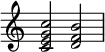  {
\override Score.TimeSignature #'stencil = ##f
\relative c' { 
  \clef treble \time 4/4
  <c e g c>2 <d f b>
} }
