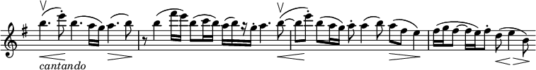 
\relative c''' \new Staff \with { \remove "Time_signature_engraver" } {
 \set Score.tempoHideNote = ##t \tempo "" 4=138 \key e \minor \time 6/4
 b4.\upbow _\markup { \italic cantando } ( \< e8-.\! ) b4.( a16 g) a4.( \> b8\! )
 r b4( fis'16 e) b8( c16 b) a[ ( b) r g-.] a4. b8~( \upbow \<
 b8*1/2[ s\! e8-.] ) b( a16 g) a8-. a4( b8) a\>( [ fis] e4\!)
 fis16( g fis8~ fis16 e) fis8-. d( \< e4\> b8\! )
}
