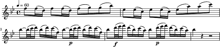 
\relative c'' {
  \set Staff.midiInstrument = #"flute"
  \tempo 4 = 60
  \clef "treble"
  \time 4/4
  \key bes \major
  f8 f16( d) f8 f16( d) f8( g) g( bes)
  | es,8 es16( c) es8 es16( c) es8( a) a( c)
  | bes8~ bes32( c d16) bes( d) c( f,) bes8~ bes32\p( c d16) bes( d) c( f,)
  | bes8 d32\f( es f16) d( bes) c( a) bes8 d32\p( es f16) d( bes) c( a)
  | bes4 r r2
}
