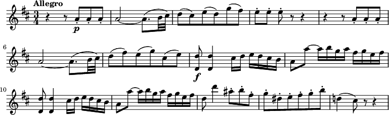 
\version "2.18.2"
\relative c'' {
  \key d \major
  \time 3/4
  \tempo "Allegro "
  \tempo 4 = 134
  r4 r8 a-.\p a-. a-.
  a2 ~ a8. (b32 cis)
  d8 (cis) e (d) g (fis)
  e-. [e-.] e-. r r4
  r4 r8 a,-. a-. a-.\break
  a2 ~ a8. (b32 cis)
  d8 (fis) e (g) cis, (e)
  <d, d'>8\f <d d'>4 cis'16 d e d cis b
  a8 a' ~ a16 b g a fis g e fis
  <d, d'>8 <d d'>4 cis'16 d e d cis b
  a8 a' ~ a16 b g a fis g e fis
  d8 d'4 ais8-. b-. fis-.
  g-. dis-. e-. fis-. g-. b-.
  d,!4 (cis8) r r4
}
