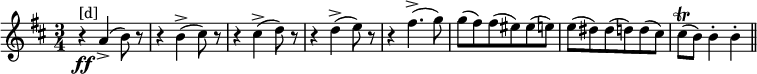 \relative c'''{\set Score.tempoHideNote = ##t \tempo 2. = 69 \key d \major \time 3/4 r4\ff^"[d]" a,->( b8) r r4 b->( cis8) r r4 cis->( d8) r r4 d->( e8) r r4 fis4.->( g8) g( fis) fis( eis) eis( e) e( dis) dis( d) d( cis) cis\trill( b) b4-. b-. \bar "||"}