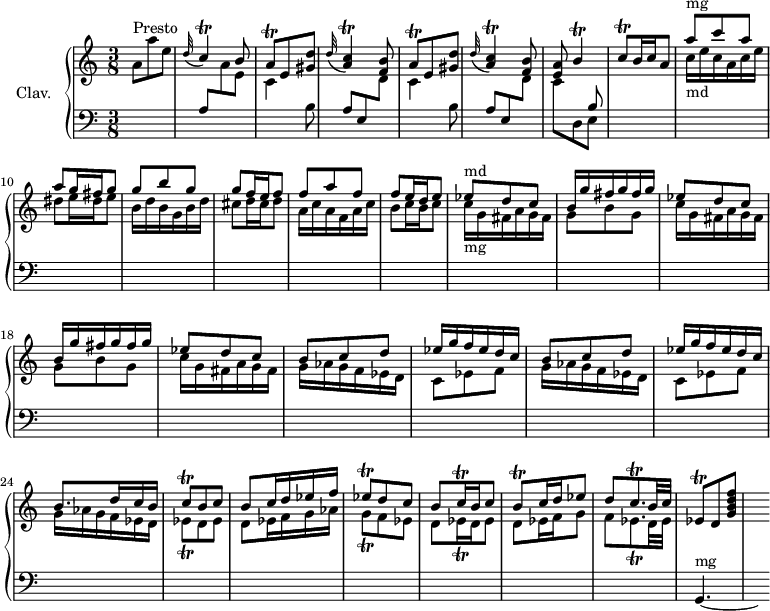 
\version "2.18.2"
\header {
  tagline = ##f
}

%% les petites notes
trillCAppo     = { \tag #'print { \appoggiatura d32 c4\trill } \tag #'midi { c32 c d c~ c8 } }
trillA         = { \tag #'print { a8\trill } \tag #'midi { b32 a b a } }
trillC         = { \tag #'print { c8\trill } \tag #'midi { d32 c d c } }

trillBUp       = { \tag #'print { b'4\trill } \tag #'midi { c32 b c b~ b8 } }
trillCAppoAcc  = { \tag #'print { \appoggiatura d'32 < a c\trill >4 } \tag #'midi { << { d32 c d c~ c8 } \\ { a4 } >> } }

% croches
trillCq        = { \tag #'print { c8\trill } \tag #'midi { d32 c d c } }

trillEesq      = { \tag #'print { ees8_\trill } \tag #'midi { d32 ees d ees } }
trillEes       = { \tag #'print { ees8\trill } \tag #'midi { d32 ees d ees } }
trillEesDown   = { \tag #'print { ees,8\trill } \tag #'midi { d32 ees d ees } }
trillBqq       = { \tag #'print { b8\trill } \tag #'midi { d32 b d b } }
trillGqq       = { \tag #'print { g8_\trill } \tag #'midi { a32 g a g } }

trillCqqp      = { \tag #'print { c8.\trill } \tag #'midi { \times 2/3 { d32 c d } c8 } }
trillEesqqp    = { \tag #'print { ees8._\trill } \tag #'midi { \times 2/3 { f32 ees f } ees8 } }

% doubles
trillCqqq      = { \tag #'print { c16\trill } \tag #'midi { \times 2/3 { c32 d c } } }
trillEesqqq    = { \tag #'print { ees16_\trill } \tag #'midi { \times 2/3 { ees32 f ees } } }

upper = \relative c'' {
  \clef treble 
  \key a \minor
  \time 3/8
  \tempo 4. = 72
  \set Staff.midiInstrument = #"harpsichord"

    a8^\markup{Presto} a' e | \stemUp \trillCAppo \stemUp b8 | \repeat unfold 2 { \stemUp \trillA e < gis d' > \trillCAppoAcc < f b >8 } < e a >8 \trillBUp | 
    % ms. 8
    \trillC b16 c \tempo 4. = 48 a8 | \tempo 4. = 72 \stemDown c16_\markup{md} e c a c e | dis8 e16 dis e8 | b16 d b g b d | cis8 d16 cis d8 | a16 c a f a c | b8 c16 b \tempo 4. = 48 c8 | \tempo 4. = 72 \stemUp ees8^\markup{md} d c | \repeat unfold 2 { b16 g' fis g fis g | ees8 d c } | \repeat unfold 2 { b8 c d | ees16 g f ees d c } | b8. d16 c b | \trillCq b8 c | b8 c16 d ees f | \trillEes d8 c | b8 \trillCqqq b16 c8 | \trillBqq c16 d ees8 | d8 \trillCqqp b32 c | \trillEesDown d8 < g b d f >8-\tweak stencil ##f \p s8

}

lower = \relative c' {
  \clef bass
  \key a \minor
  \time 3/8
  \set Staff.midiInstrument = #"harpsichord"

    % *****************************
     s4. a8 \stemDown \change Staff = "upper" a' e | \repeat unfold 2 { c4 \change Staff = "lower" b8 | \stemUp a e \stemDown \change Staff = "upper" d'8 } | << { \stemUp \change Staff = "lower" s4 b8 } \\ { \stemDown c8 \change Staff = "lower" d,8 e } >>
     % ms. 8
     s4. \change Staff = "upper" \stemUp a''8^\markup{mg} c a | a g16 fis g8 | g b g | g f16 e f8 | f a f | f e16 d e8 | \stemDown c16_\markup{mg} g fis a g fis | \repeat unfold 2 { g8 b g | c16 g fis a g fis } | g16 aes g f ees d | 
     % ms. 21
     \repeat unfold 2 { c8 ees f | g16 aes g f ees d } | \trillEesq  d8 ees | d8 ees16 f g aes | \trillGqq f8 ees | d \trillEesqqq d16 ees8 | 
     % ms. 29
     d8 ees16 f g8 | f8 \trillEesqqp d32 ees | \stemUp \change Staff = "lower" g,,4.~^\markup{mg} \hideNotes | g8

}

thePianoStaff = \new PianoStaff <<
    \set PianoStaff.instrumentName = #"Clav."
    \new Staff = "upper" \upper
    \new Staff = "lower" \lower
  >>

\score {
  \keepWithTag #'print \thePianoStaff
  \layout {
      #(layout-set-staff-size 17)
    \context {
      \Score
     \override SpacingSpanner.common-shortest-duration = #(ly:make-moment 1/2)
      \remove "Metronome_mark_engraver"
    }
  }
}

\score {
  \keepWithTag #'midi \thePianoStaff
  \midi { }
}
