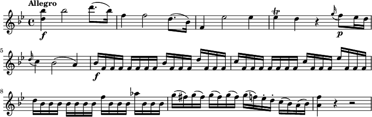 
\relative c'' {
  \version "2.18.2"
  \key bes \major
  \time 4/4
  \tempo "Allegro"
  \tempo 4 = 110  
  <d bes'>4 \f bes'2 d8. (bes16)
  f4 f2 d8. (bes16)
  f4 ees'2 ees4
  ees\trill d r \grace g16 (f8) \p ees16 d
  \grace d16 (c4) bes2 (a4)
  bes16  \f f f f f f f f bes f f f d' f, f f
  c' f, f f f f f f c' f, f f ees' f, f f
  d' bes bes bes bes bes bes bes f' bes, bes bes aes' bes, bes bes
  g' (fis) g (fis) g (fis) g (fis) g (f) ees-. d-. c (bes) a (bes) 
  <a f'>4 r r2
  } 
