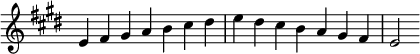   {
\omit Score.TimeSignature \relative c' {
  \key e \major \time 7/4 e fis gis a b cis dis e dis cis b a gis fis e2
} }
