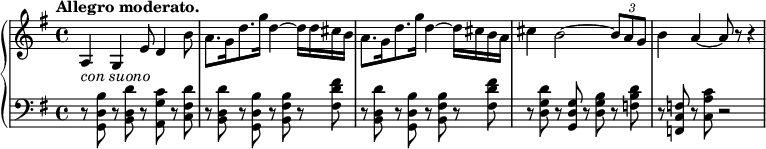 
\relative c' {
  \new PianoStaff <<
   \new Staff { \key g \major \time 4/4 \set Score.tempoHideNote = ##t \tempo "Allegro moderato." 2=86
   \override Score.NonMusicalPaperColumn #'line-break-permission = ##f
    a4 g e'8 d4 b'8 a8.[ g16 d'8. g16] d4~ d16 d cis b
    a8.[ g16 d'8. g16] d4~d16 cis b a cis4 b2~ \times2/3 { b8 a g } b4 a4~ a8 r r4
   }
   \new Dynamics {
    s8-\markup { \italic { con suono } }
   }
   \new Staff { \key g \major \time 4/4 \clef bass
    r8 <b, d, g,> r <d d, b> r <c g a,> r <d fis, c>
    r <d d, b> r <b d, g,> r <b fis b,> r <fis' d fis,>
    r <d d, b> r <b d, g,> r <b fis b,> r <fis' d fis,>
    r <d g, d> r <g, d g,> r <b g d>    r <d b f>
    r <f, c f,> r <c' a c,> r2
   }
  >>
 }
