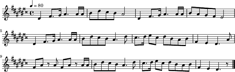  \transpose c dis { \relative c' { \key c \major \tempo 4=80
 c4 e8. f16 g4. g16 g a8 c b a g2 c,4 e8. f16 g4. g16 g a8 g f e d2
 c4 e8. f16 g4. g16 g a8 c b a g4. c8 b8. c16 d8 b c a g a e4 d c4. g'8
 e g r g e g r g16 g a8 c b a g4. c8 b8. c16 d8 b c a g a e4 d c4. r8
 \bar "|." } } 