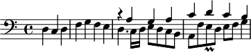 
\version "2.18.2"
\header {
  tagline = ##f
  % composer = "Johann Pachelbel"
  % opus = "Hexachordum Apollinis : Aria Prima"
  % meter = ""
}

\score {
<<
  \relative c {
    \clef bass
    \key c \major
    \time 4/4
    \override TupletBracket #'bracket-visibility = ##f 

     %s8*0^\markup{Aria}
     \partial 2.
     d4 c d | f g f e |
     << { r4 a4 g a | c d c b } 
     \\ { d,4. c16 d e8 d c b | a f' e8\prall d8 e f g4~ } >>

  }
>>
  \layout {
     #(layout-set-staff-size 17)
     \context { \Score \remove "Metronome_mark_engraver" 
     \override SpacingSpanner.common-shortest-duration = #(ly:make-moment 1/2)
     }
  }
}
