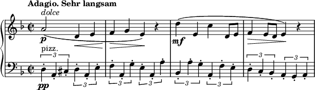 
\relative c'' {
\new PianoStaff <<
\new Staff {
\set Staff.midiInstrument = #"piano" \key f \major \clef treble \time 2/2 \set Score.tempoHideNote = ##t \tempo "Adagio. Sehr langsam" 2 = 22
 a2 ^\markup \italic { "dolce" } \p ( d,4 \< e4 |
 f4 \! \> g4 e4 ) \! r4 |
 d'4 \mf ( e,4 c'4 d,8 e8 |
 f4 \> e8 d8 e4 ) \! r4 |
 }
\new Staff {
\set Staff.midiInstrument = #"piano" \key f \major \clef bass \time 2/2
\times 2/3 {
 d,4 \pp ^"pizz." -. a4 -. cis4 -.
 }
\times 2/3 {
 d4 -. a4 -. e'4 -.
 } |
 \times 2/3 {
 f4 -. a,4 -. g'4 -.
 }
 \times 2/3 {
 e4 -. a,4 -. a'4 -.
 } |
 \times 2/3 {
 bes,4 -. a'4 -. g4 -.
 }
 \times 2/3 {
 a,4 -. f'4 -. e4 -.
 } |
 \times 2/3 {
 d4 -. c4 -. bes4 -.
 }
 \times 2/3 {
 a4 -. g4 -. a4 -.
 } |
 }
>>
}
