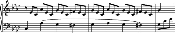 
 \relative c' {
  \new PianoStaff <<
   \new Staff \with { \remove "Time_signature_engraver" } { \key f \minor \time 2/2
    r8*2/3 es[ c] aes' es c g'[ es c] fis es c g'[ es c] aes' es c g'[ es c] fis es c g'4
   }
   \new Staff \with { \remove "Time_signature_engraver" } { \key f \minor \time 2/2 \clef bass
    c,,4 aes'( g fis g aes g fis) g8*2/3[ c es]
   }
  >>
 }
