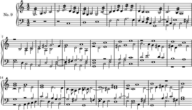 
\version "2.14.2"
\header {
  tagline = ##f
}

Morg   = { \tag #'print { g2.:16 } \tag #'midi { gis16 a gis8~ gis2 } }
More   = { \tag #'print { e2.:16 } \tag #'midi { e16 d e8~ e2 } }

MorcB   = { \tag #'print { c2:16~ } \tag #'midi { c16 b c8~ c4~ } }
MorfB   = { \tag #'print { f2:16 } \tag #'midi { f16 e f8~ f4 } }
MoreB   = { \tag #'print { e2:16 } \tag #'midi { e16 d e8~ e4 } }
MorbB   = { \tag #'print { b2:16 } \tag #'midi { b16 a b8~ b4 } }

Morcq   = { \tag #'print { c4:16 } \tag #'midi { c32 b c16~ c8 } }
Mordq   = { \tag #'print { d4:16 } \tag #'midi { d32 c d16~ d8 } }
Moreq   = { \tag #'print { e4:16 } \tag #'midi { e32 d e16~ e8 } }
Moraq   = { \tag #'print { a4:16 } \tag #'midi { a32 g a16~ a8 } }
Morbq   = { \tag #'print { b4:16 } \tag #'midi { b32 a b16~ b8 } }

upper = \relative c' {
  \clef treble 
  \key a \minor
  \time 4/2
  \autoBeamOff
  \tempo 2 = 82
  \set Staff.midiInstrument = #"church organ"

    \Morg a4 b2 c | d \More d4 \Morcq b4 | \Moraq g4 a2 g \MorcB | c4 d \Moreq d4 \MorfB \MoreB |
    d4 c c1 \MorbB | c2. \Morbq a1 |  
    << { r2 b2 c d | e fis g2. fis4 } \\ { s1 a,2 b | c a b } >>
    << { g'1 a b c d e } \\ { e,2 d c a r2 d2 e1 fis2 g1 a2 } >>
    % ms 12
    << { r1  e'1 d c < b g >1 a g } \\ { b2. a4 g fis e2 fis4 d g1 fis2 r2 d2 f e e1 e2. d4 } >>
    << { s1 d1 e fis g a b r1 b } \\ { c,4. b8 a4 c b4. c8 d2~ d cis d1 r2 c1 d2~ d e4 fis g2 e~ e } >>
}

lower = \relative c {
  \clef bass
  \key a \minor
  \time 4/2
  \set Staff.midiInstrument = #"church organ"

    r1 r1 | r1 c1 | d e | f2 g a2. g4 |
    << { f4 e \Mordq c4 d2 e~ | e4 c g'1 fis2 } \\ { s1 g, | a2 b c d } >> 
    << { g1 } \\ { e2. d4 c2 b } >> 
    << { a2 d g, e'2~ } \\ { s2*3 c2~ } >> 
    << { e4 fis g2~ g fis } \\ { c2 b a d } >>
    << { s1 r2 g2 a b c1 } \\ { < g d g, >1  c,2 e d g c,1} >>
    << { d'2 e2. d4 c2 b1 a } \\ { g1 e r1 r1 } >>
    % ms 14
    << { g1 r2 a2 } \\ { r2 g,2 a4 b c d } >>
    << { c'2 b a4 g g2~ g fis g2. f4 } \\ { e2. d4 c2 b a1 g } >>
    % ms 17
    << { g'1 a2 b~ b e,1 fis2 g2. a4 b2 c b1 } \\ { e,4 d e2 d1 e2 c2. a4 d2 g,1 e'2. fis4 g1 } >>

}

thePianoStaff = \new PianoStaff <<
    \set PianoStaff.instrumentName = #"No. 9"
    \new Staff = "upper" \upper
    \new Staff = "lower" \lower
  >>
\score {
  \keepWithTag #'print \thePianoStaff
  \layout {
    \context {
      \Score
      \remove "Metronome_mark_engraver"
      \override SpacingSpanner.common-shortest-duration = #(ly:make-moment 1/2) 
    }
  }
}

\score {
  \keepWithTag #'midi \thePianoStaff
  \midi { }
}
