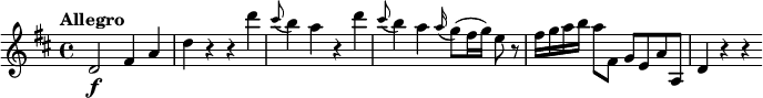 
\relative c' {
  \key d \major
  \tempo "Allegro"
  d2\f fis4 a |
  d4 r r d' |
  \grace cis8 (b4) a r d |
  \grace cis8 (b4) a \grace a16 (g8) (fis16 g) e8 r |
  fis16 g a b a8 fis, g[ e a a,]
  d4 r4 r4
}
